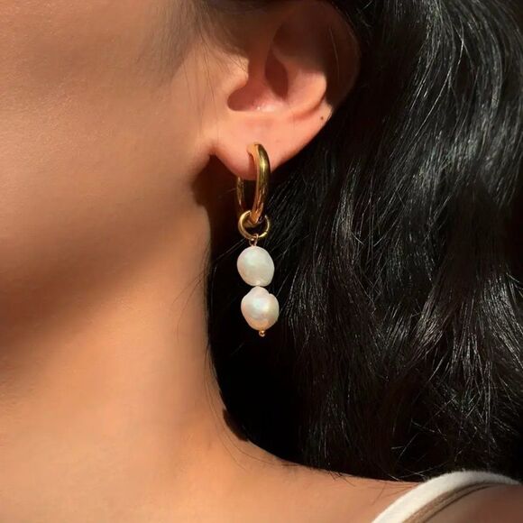 Double Natural Freshwater Pearl Drop Dangle Earrings Bohemian 18K Gold Plated - Picture 1 of 7